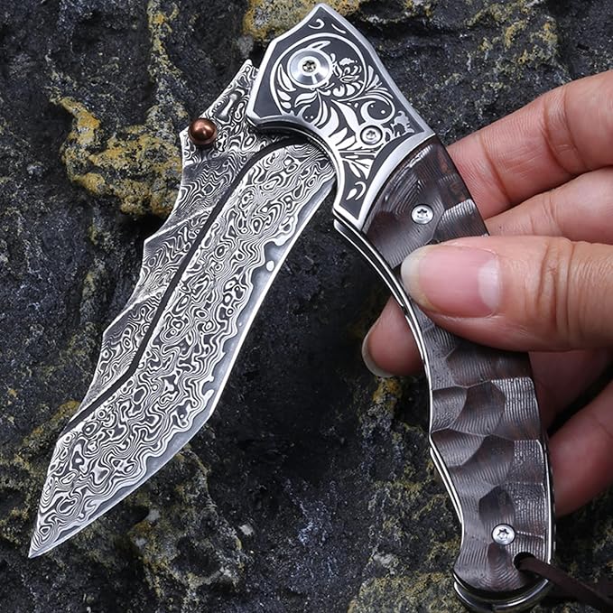 Damascus Steel Folding Knife Hunting Knives &amp Tools Personalized Engraving HRC 58-60 Damascus Hunting Knife with Leather Sheath Lightweight Outdoor Knife for Backpacking Men Gifts