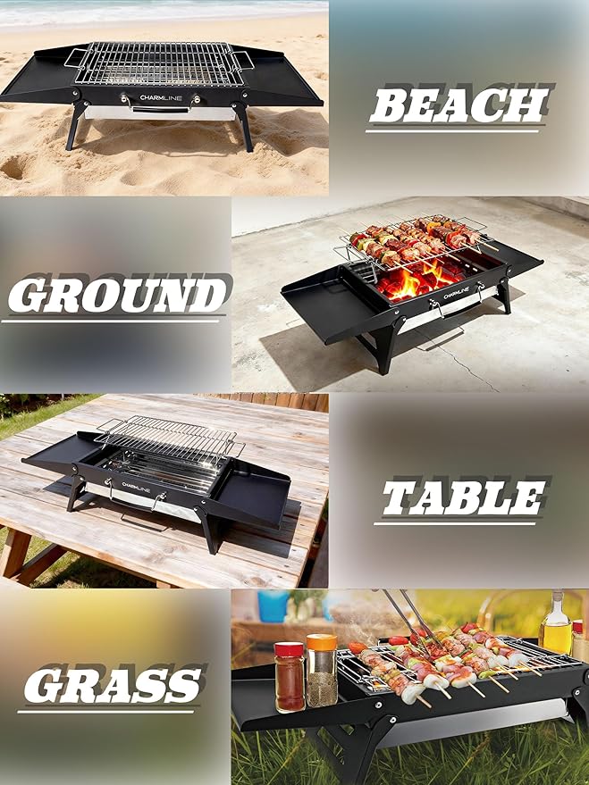 Charmline 15x11 inches Portable Charcoal Grill Compact Portable BBQ Grill Tabletop Charcoal Grills for Camping Picnics Gardens and Beach Parties Black