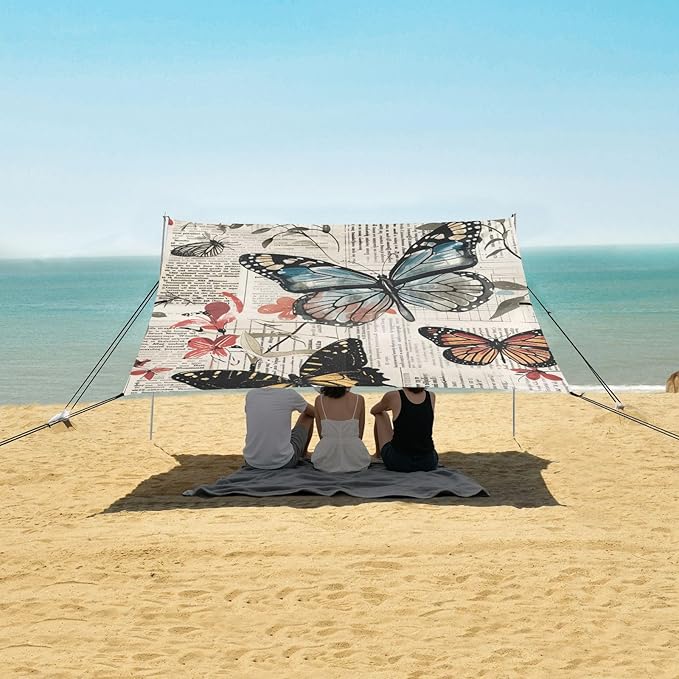 ALAZA Vintage Newspaper Butterfly Floral Beach Tent Sun Shelter Portable Canopy Sunshade for Outdoor Camping Picnics Backyard Fun 10x9 ft