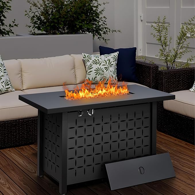 Walsunny 43 Inch Propane Fire Pit Table Outdoor Fire Pit 50000 BTU Gas Fire Pit Table Fire Pits with Lid and Lava Rock for Outside Patio Garden Yard
