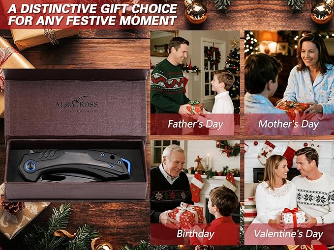 ALBATROSS Classic Valentine‘s Gift Men‘s Folding Knife 3.3” Black D2 Blade Black Aluminum &amp Wood Handle Ball Bearing Open Thumb Hole Gift Boxed