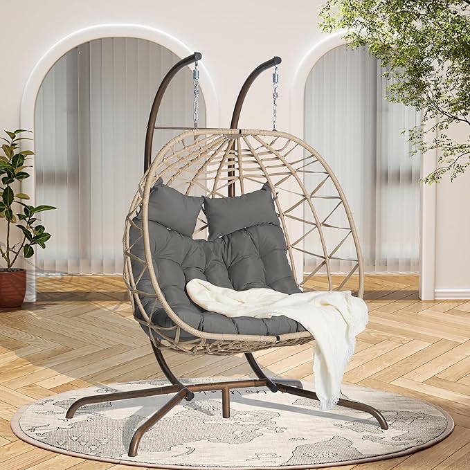 KEIKI Double Swing Egg Chair with Stand Patio Rattan Wicker Hammock Egg Chair with UV Cushion 2 Person Outdoor Indoor Hanging Basket Chair 600LBS Capacity for Balcony Dark Gray and Khaki