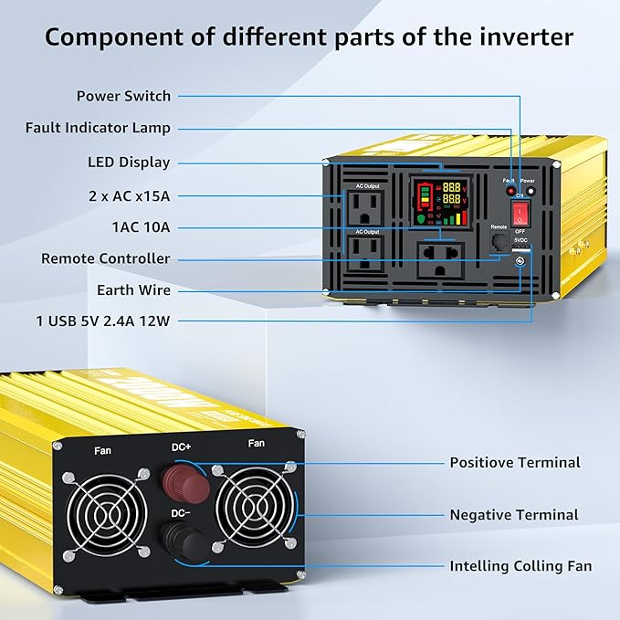 XWJNE 2000 Watt Pure Sine Wave Inverter 12V DC to 120V AC 4000W Peak Power Converter with LED Display and Remote Controller for Home RV Truck Off-Grid Solar