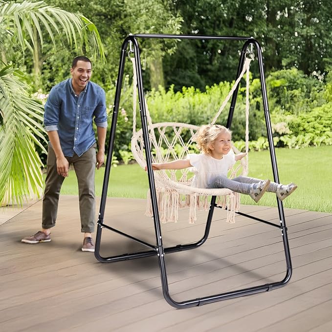 ONCLOUD 600LBS Heavy-Duty Hammock Chair Stand A-Shaped Universal Multi-Use Steel Hanging Chair Stand with Hook Durable Swing Stand for Indoor Outdoor Weather Resistant Support Base Black