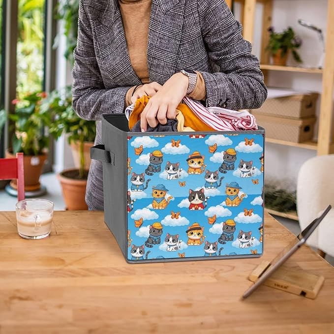 Foldable Storage Cube with Handles Cute Cats Sturdy Collapsible Organizer Bin for Heavy Items like Books &amp Tools Reinforced Sides for Durability