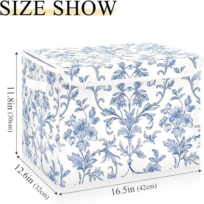 susiyo Large Foldable Storage Bin with Flip-Top Lid Blue Chinoiseries Flowers Storage Box Collapsible Closet Organizer Containers Boxes Decorative Baskets with Handles for Home Bedroom Living Room Of
