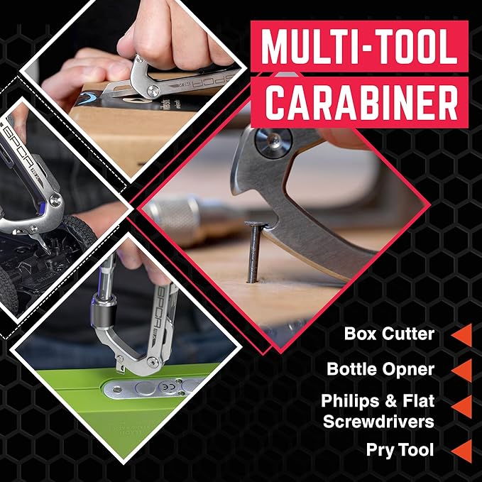 GPCA Carabiner Multitool - Carabiner Heavy Duty Key Clip for Keys Bottle Opener Screwdriver Box Cutter Ruler Keychain Clip Keychain Organizer EDC Gear for Camping &amp Hiking - Gifts for Men