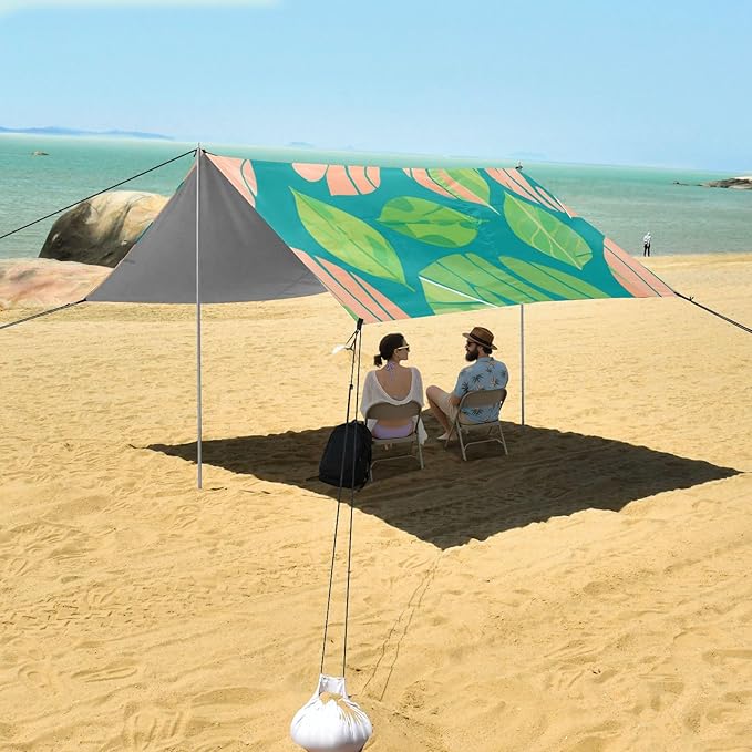 Beach Canopy with Windproof Ropes &amp Sandbags Beach Tent Sun Shade Sun Shelter for Camping Trips Fishing Backyard Fun or Picnics Leaf