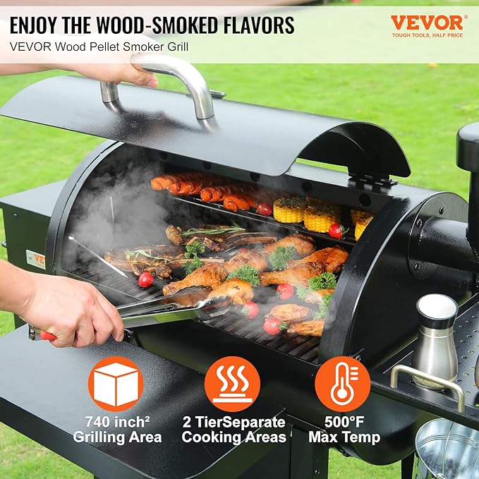 VEVOR Smoker Grill Portable Wood Pellet Grill with Cart 8 IN 1 BBQ Grill with PID Temperature Control for Outdoor Cooking Barbecue Camping Picnic 730 sq Patio and Backyard Black