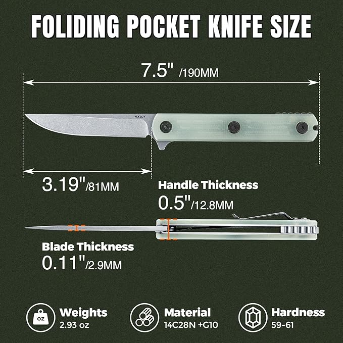 Folding Pocket Knife 3.19” 14C28N Steel Blade G10 Handle Praxis Small Flipper Liner Lock EDC Folding Knife Sharp Survival Camping Hiking Hunting Tactical Knives for Men (Translucent Green)