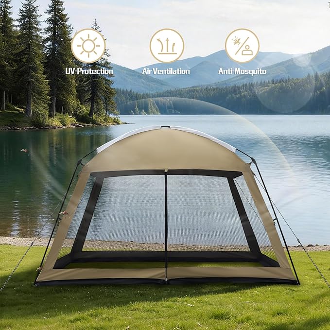 12 x 12 FT Camping Screen Tent for 8-10 Person Easy Setup Screen House with UV 50+ Sun Protection &amp Mosquito Net for Camping Backyard Picnic Patio Outdoor Kakhi