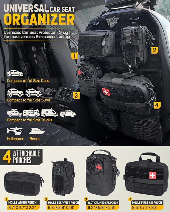 WYNEX Tactical Car Seat Back Organizer Set Vehicle Accessories Molle Panel wtih Detachable 4 Molle Pouches - First Aid EDC Admin Storage Bag for Road Trips Fits Most Cars SUVs Pickups Trucks