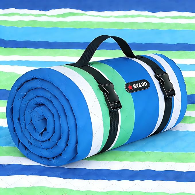 HX&ampOD Extra Large Picnic Blanket Outdoor 80”x80” Waterproof Picnic Mat Foldable 3-Layer Camping Blanket Portable with Carry Strap Park Blanket for Grass(Blue)