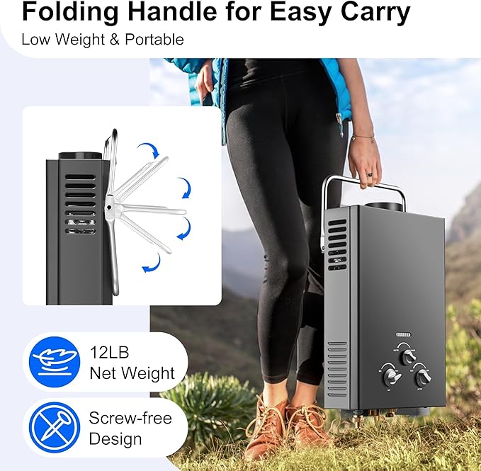 6L Portable Natural Gas 1.58GPM Instant Hot Shower for Camping/RV 40K BTU Tankless Water Heater(Black)