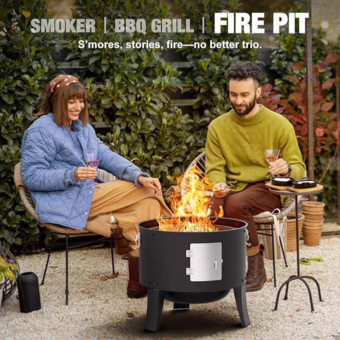 16 Charcoal Smoker 3 in 1 Heavy Duty Vertical Barbecue Grill Outdoor Fire Pit 402 Square Inches Cooking Area Versatile Outdoor Smoker Grill Black