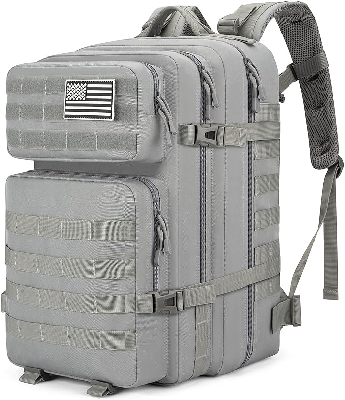 Tactical Backpack 45L Army Military Rucksack Water Resistant MOLLE Pack Large 3 Day Bug Out Bag for Men &amp Women Durable Outdoor Gear for Hiking Camping Hunting Travel (Grey)