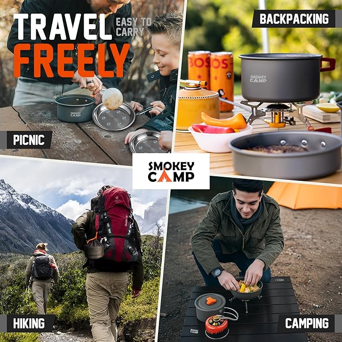 Smokey Camp Camping Cookware Mess Kit Set with Stove - Backpacking Camping Pots and Pans Set All in One Non-Stick Camping Cooking Set Portable Stove Hiking Picnic Outdoor &amp Camping Cookware S