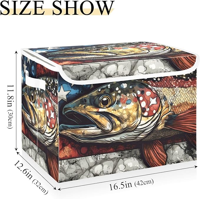 Storage Cube with Lid Trout American Print 16.5×12.6×11.8 IN Collapsible Large Capacity Foldable Storage Basket Bin Organizer
