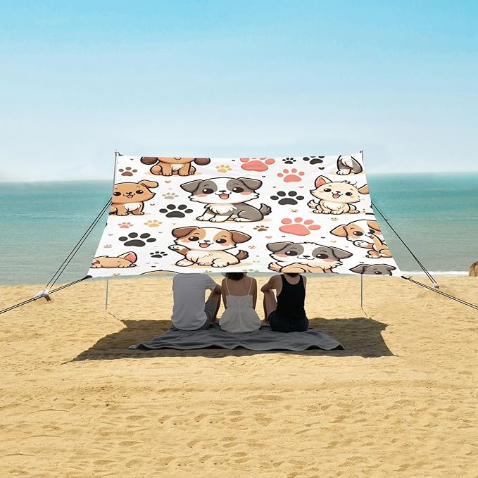 ALAZA Dog Puppy Paw Prints Beach Tent Sun Shelter UPF50+ Protection Beach Shade Canopy w/ 4 Sandbags for Outdoor Camping Fishing Backyard Fun Picnic 10x9 ft