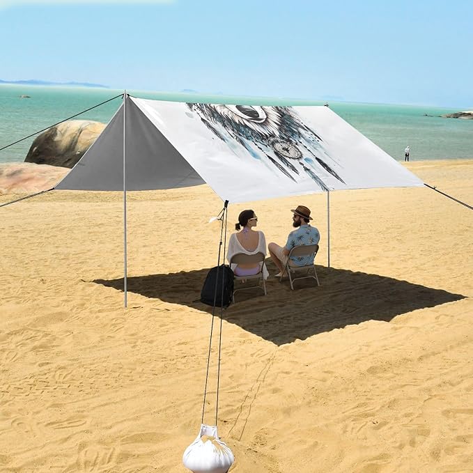 ALAZA Boho Wolf Head Hand Draw Beach Tent Sun Shelter UPF50+ Protection Beach Shade Canopy w/ 4 Sandbags for Outdoor Camping Fishing Backyard Fun Picnic 10x9 ft