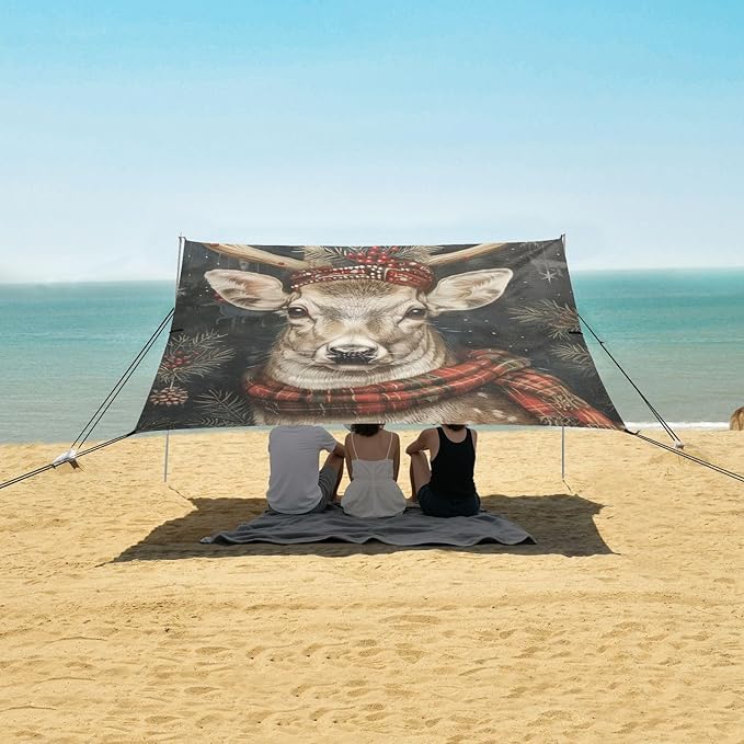 ALAZA Marry Christmas Deer Beach Tent Sun Shelter Portable Canopy Sunshade for Outdoor Camping Picnics Backyard Fun 10x9 ft