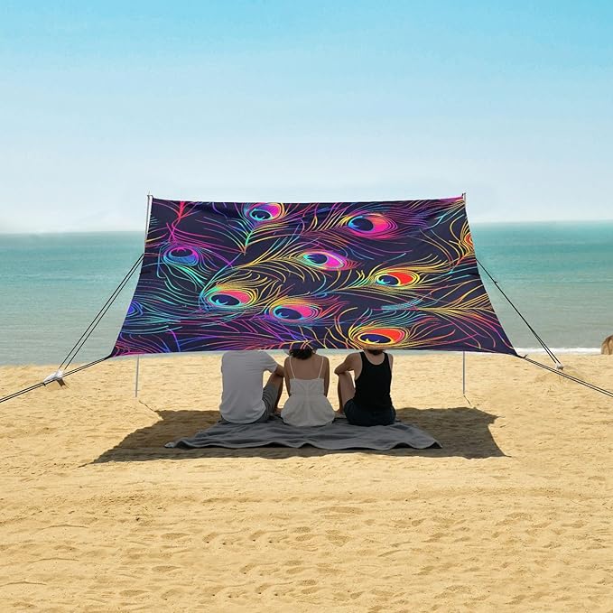 ALAZA Peacock Feather Bright Multicolored Beach Tent Sun Shelter Portable Canopy Sunshade for Outdoor Camping Picnics Backyard Fun 10x9 ft