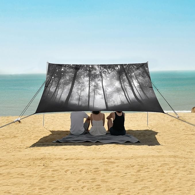 Forest Black Trees Beach Tent Sun Shelter Set UPF50+ UV Protection 10.5 x 9.19 FT Camping Shade Canopy with Sandbags Sand Anchors Carrying Bag and Others