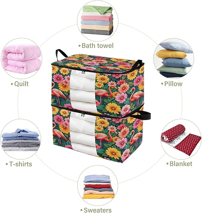 Burbuja 2 Pack Storage Bag Organizer with Handles for Clothes Blankets Bedding Floral Flamingos Foldable Storage Bag with Zipper &amp Clear Window 95L