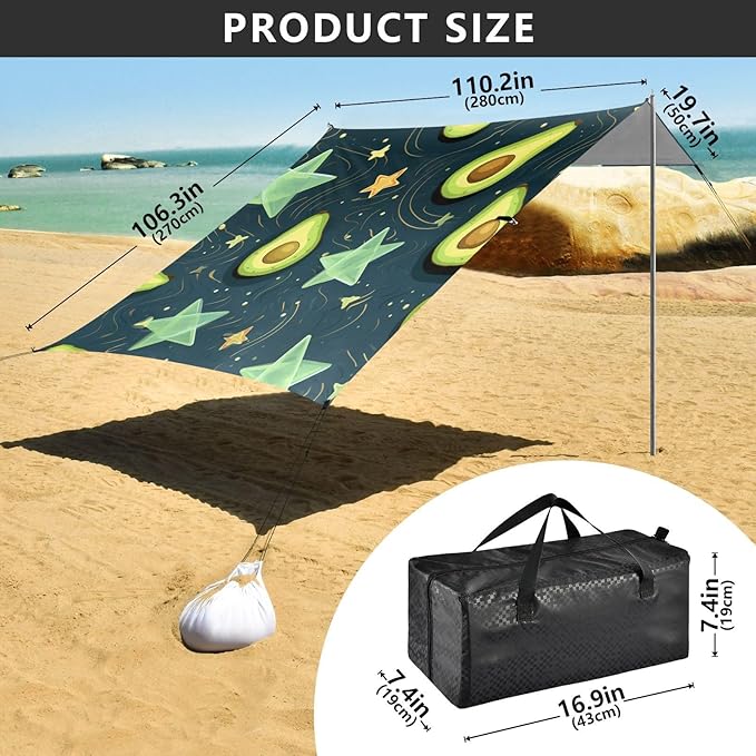 ALAZA Avocado Star Starrry Beach Tent Sun Shelter Portable Canopy Sunshade for Outdoor Camping Picnics Backyard Fun 10x9 ft