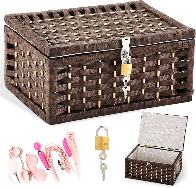 Discreet Lockable Adult Toy bag Storage Organizer Case for Women and Men Adult Wicker Baskets with Lid and Lock 13.8 x 9.8 x 6.3 Inch Box for Toys Valentine's Day Container(Dark Brown)