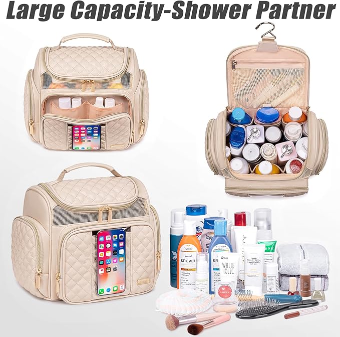 Large Leather Toiletry Bag for Women MenBathroom BagWater Resistant Shower BagMakeup BagPortable Shower Caddy for College DormHanging Travel Toiletry Bag with Transparent Waterproof Phone Pocket