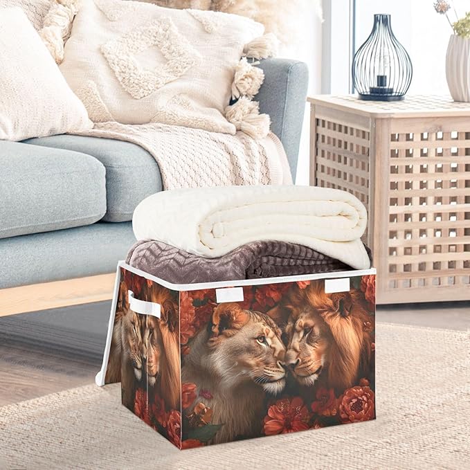 AIXIWAWA Lidded Storage Cube (Lions Love) Fabric Foldable Closet Bins with Flip Lid and Handles Organizer Basket Container 16.5 x 12.6 x 11.8 IN
