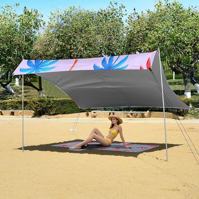 xigua Palm Trees Beach Tent Sun Shelter with Carrying Bag - Silver Coated Oxford Fabric Beach Canopy for Beach Camping Fishing - Includes Windproof Ropes Sandbags &amp Stakes