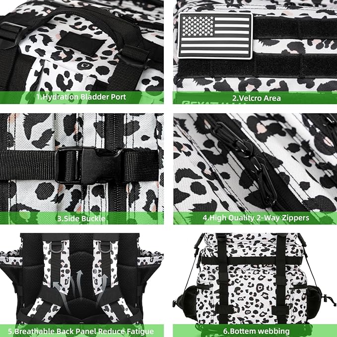 Military Tactical Backpack 55L for Men &amp Women Bug Out Bag Assault pack Molle Daypack Hiking Trekking Rucksack (Leopard print color)