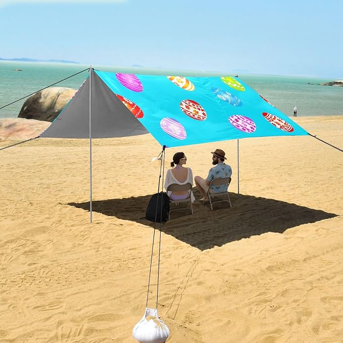 Easter Eggs Blue Beach Tent Sun Shelter Set UPF50+ UV Protection 10.5 x 9.19 FT Camping Shade Canopy with Sandbags Sand Anchors Carrying Bag and Others