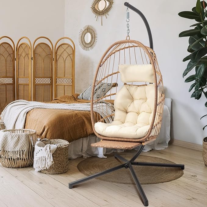Brafab Hanging Egg Chair with Stand and Footrest Wicker Egg Swing Chair Indoor Outdoor Aluminum-Steel Frame and UV Resistant Cushion Patio Lounge Hammock Chairs for Bedroom 370LBS Capacity Begie
