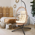 Brafab Hanging Egg Chair with Stand and Footrest Wicker Egg Swing Chair Indoor Outdoor Aluminum-Steel Frame and UV Resistant Cushion Patio Lounge Hammock Chairs for Bedroom 370LBS Capacity Begie