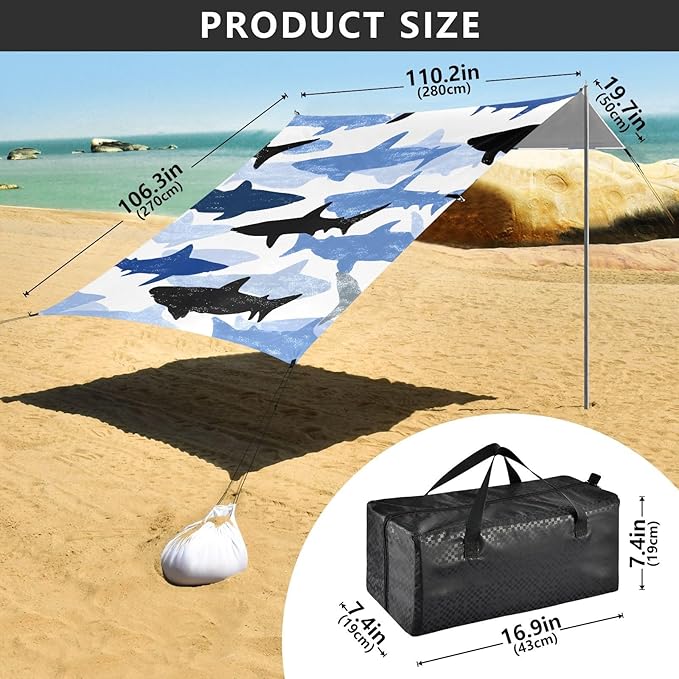 ALAZA Shark Pattern Beach Tent Sun Shelter Portable Canopy Sunshade for Outdoor Camping Picnics Backyard Fun 10x9 ft