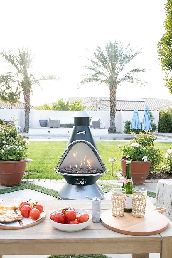 Cuisinart Chimenea Propane Fire Pit 40000 BTU Adjustable Gas Fire Pit for Patios Includes Lava Rocks Directional Heat Shield and Push to Start Ignition Perfect for Backyards Decks and Patios