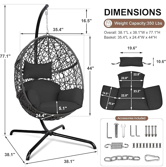 NICESOUL Bird Cage Swing Egg Chair UV/Water-Resistant 450lbs Capacity Wicker Swinging Chairs with Stand Comfy Oversized Hanging Seat w/Cushion Metal Frame &amp Cover for Indoor Outdoor Dark Grey