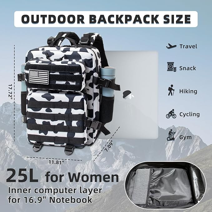 25L Small Military Tactical Backpacks For Men Camping Hiking Trekking Daypack With Bottle Pouch Bug Out Bag Lage MOLLE DayPack - 25L Cow Print Backpack