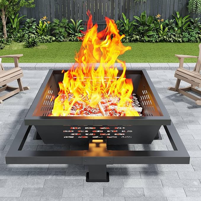 47 Large Fire Pit Square Outdoor Fire Pit with Poker Wood Burning FirePit for Camping Backyard Patio