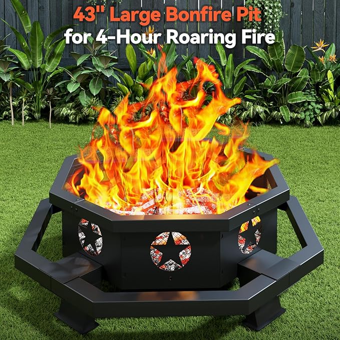 43 inch Large Fire Pit Outdoor Fire Pit with Heavy Duty Construction Wood Burning Fire Pits for Outside Octagonal Firepit for Camping Backyard Patio Black