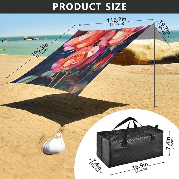 ALAZA Rose Flowers Art Beach Tent Sun Shelter UPF50+ Protection Beach Shade Canopy w/ 4 Sandbags for Outdoor Camping Fishing Backyard Fun Picnic 10x9 ft