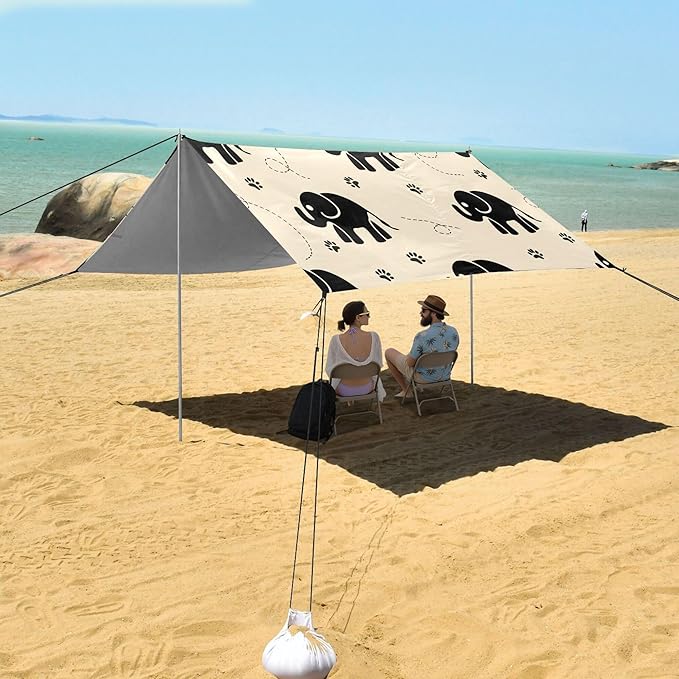 Elephant Beach Canopy Sun Shelter with Sandbags &amp Sand Shovel &amp Windproof Ropes - Portable 110x126 Beach Shade Beach Tent for Camping Picnics