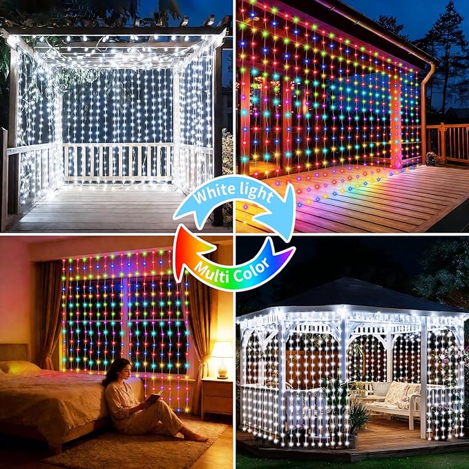 Solar Curtain Lights 10x10Ft 300LED Twinkle Fairy String Lights Multicolor Cool White Dual Color Changing Dimmable Waterproof Remote Timer Memory for Christmas Wedding Pergola Patio Outside