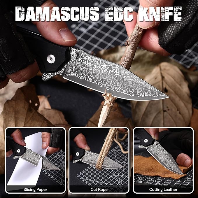 Damascus Pocket Knife with Button Lock G10 Handle 3.35 Sharp Damascus Steel Blade Folding Knives EDC Knifes for Men Camping Hiking Collection