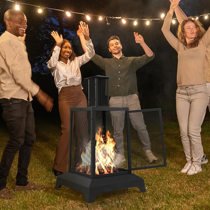 Walsport Chiminea Outdoor Fireplace 43 Inch Wood Burning Fire Pit with Grill Grate and Spark Screen Cover Outdoor Fire Pit for Patio Backyard Deck Porch and Camping Black