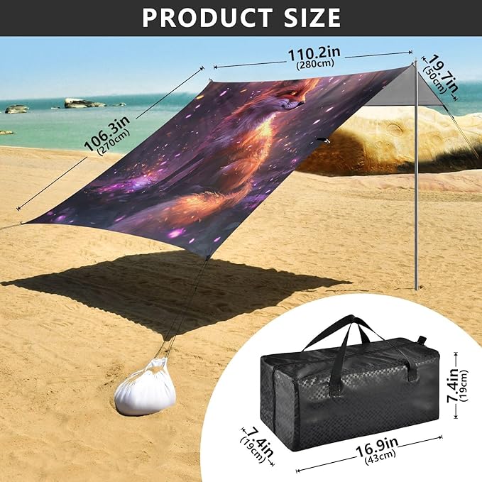 ALAZA Magic Fox Beach Tent Sun Shelter UPF50+ Protection Beach Shade Canopy w/ 4 Sandbags for Outdoor Camping Fishing Backyard Fun Picnic 10x9 ft