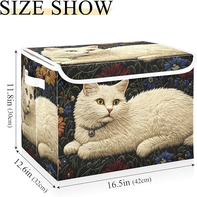 Storage Cube with Lid Floral Cat White Print 16.5×12.6×11.8 IN Collapsible Large Capacity Foldable Storage Basket Bin Organizer